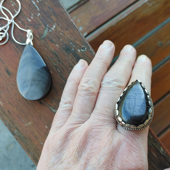 Large Black Obsidion Gemstone Pendant (2.5") -  w/ 925 Silver Overlay Chain - Picture 13 of 14